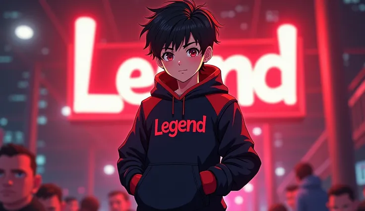 A vibrant and engaging anime-style 1 boy .He iswearing a black and red hoodie with the Channel name Legend Yash Rajput  Legend Yash Rajput aesthetic with professional lighting, making the character stand out. The image is highly engaging and attract Show f...