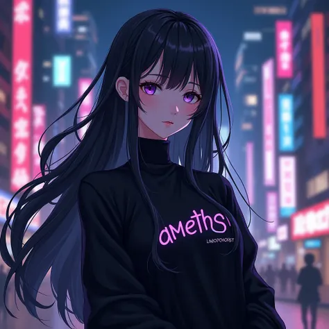 anime girl with a long hair wearing black aesthetic outfit with a purple text "amethyst" on her clothes, in citylights background