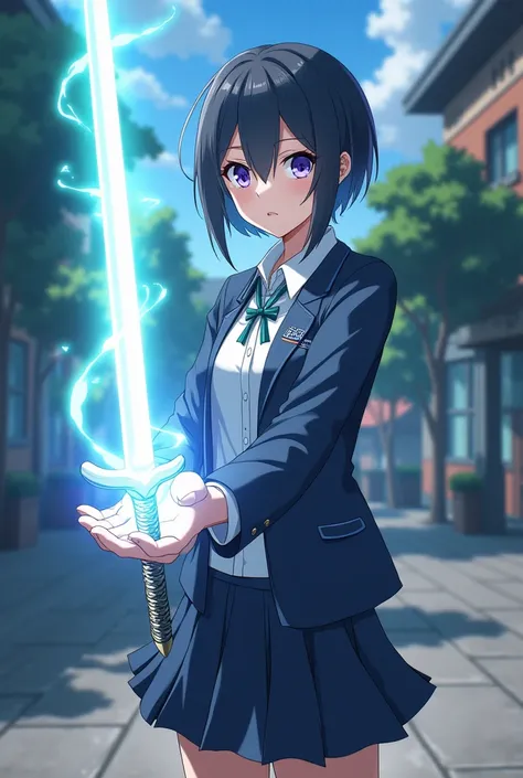 A 1 student summoning a excalibur, the glowing sword appearing in his hand." Anime style