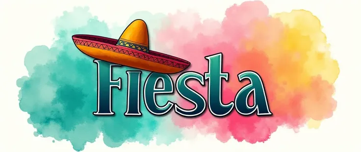 banner with the background colour in watercolours teal, pink and yellow, the word "Fiesta" in bold in the forefront of the poster with a sombrero on top the last letter at the end of the word, the writing must also incorporate the colours teal pink and yel...