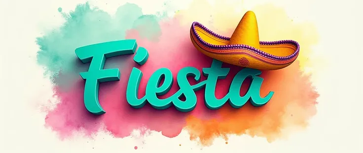 banner with the background colour in watercolours teal, pink and yellow, the word "Fiesta" in bold in the forefront of the poster with a sombrero on top the last letter at the end of the word, the writing must also incorporate the colours teal pink and yel...