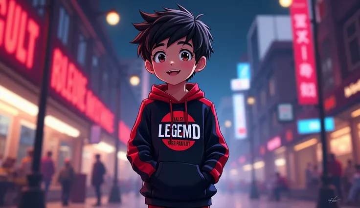 A vibrant and engaging anime-style 1 boy .He iswearing a black and red hoodie with the Channel name Legend Yash Rajput  Legend Yash Rajput aesthetic with professional lighting, making the character stand out. The image is highly engaging and attract Show f...