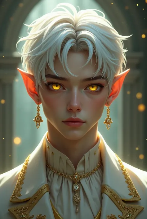 Man, elf, yellow eyes, jewerly, soft light, short pretty white hair, tanatsy formal clothes, featured face, boy