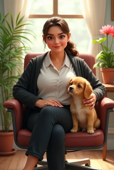 Pure 35  years fat nepali girl, round big  face ,broad lip medium body size sitting on revolving chair, wearing white looking forward shirt,black coat and pant, long pony light brown hair, golden colour puppy near the girl,flowers on pot at both side ,near...