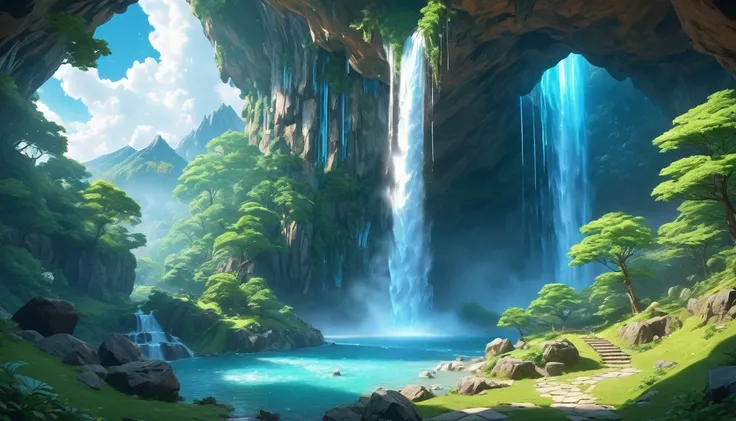 (anime, fantasy), (detailed CG unity 8k wallpaper, masterpiece, best quality, highly detailed, HDR:1.2), A realistic opening of a cave with waterfall and clouds and ice and trees forest, Isometric 3D , Octane Rendering, heavenly atmosphere. {4k texture} {d...