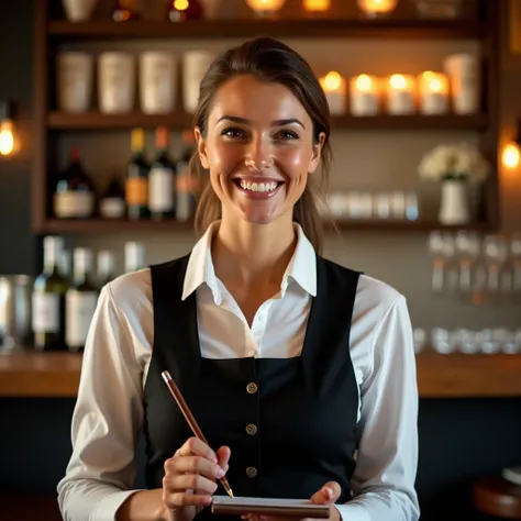 A realistic, high-quality photograph of a smiling female server standing in a warmly lit restaurant. She is dressed in a crisp white shirt with a black vest, exuding professionalism and friendliness. She holds a notepad and pen in her hands, ready to take ...