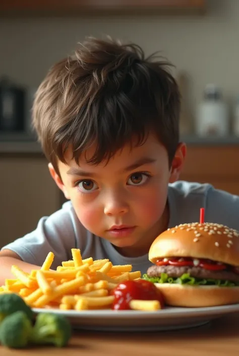 Realistic child defends his plate of fries, a hamburger and ketchup for cabbage and broccoli