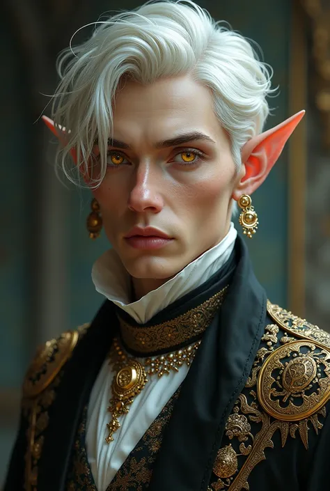 Man, elf, yellow eyes, jewerly, soft light, short pretty white hair, tanatsy formal clothes, featured face, boyz cat like eyes, normal lips, mid thirties age