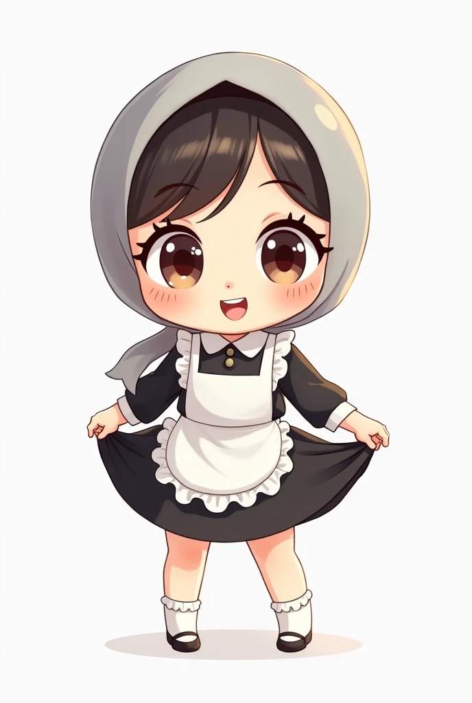 Cartoon with text: 
(masterpiece, best quality, 4k, expressive eyes, perfect face, 2d style, flat style, hand drawn), Cute and adorable face, big detailed eyes,, Cute little cartoon girl, with grey hijab on, bangs, maid dress, black skirt, white apron, ((s...