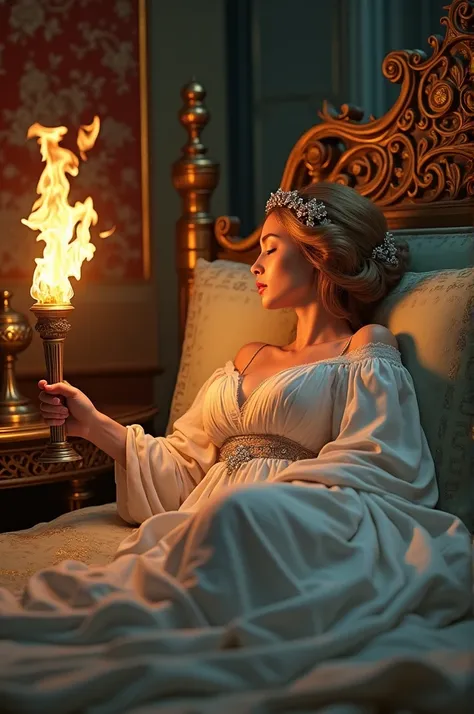 A queen in ancient Greece sleeping beautifully in her bed and dreaming of a flamed torch of ancient kind.