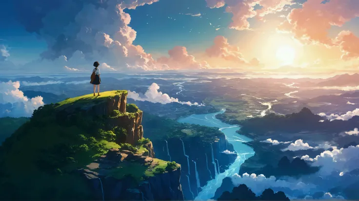 anime scenery of a cliff overlooking a river, makoto shinkai cyril rolando, beautiful anime scenery, anime landscape wallpaper, beautiful anime scene, anime art wallpaper 4 k, anime art wallpaper 4k, anime landscape, 4k anime wallpaper, anime art wallpaper...