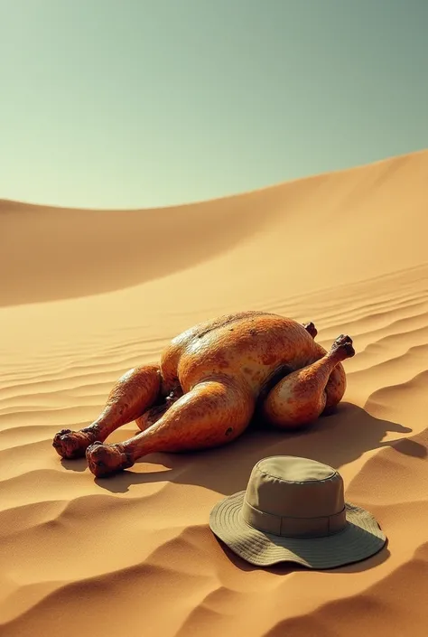 A death Roast chicken, angler bucket hat, lying on a dune without water for sunbathe