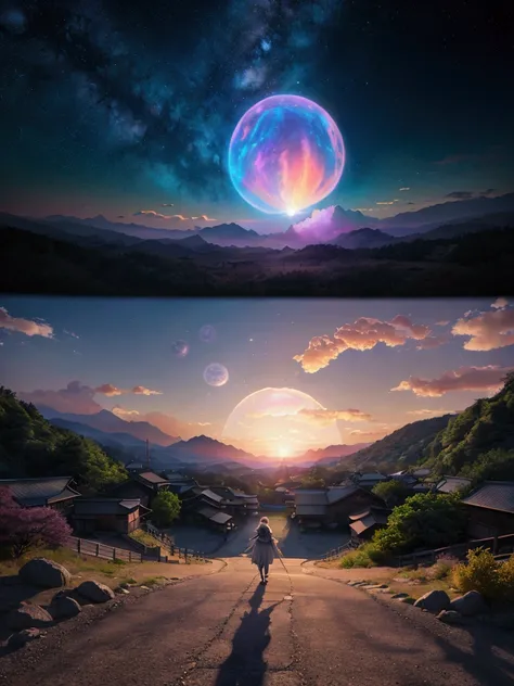 Full body illustration, one person, Anaにmically correct, Colorful watercolor style, chromatic aberration, A village deep in the mountains of Japan, Dark Theme,Magnificent nebulae breathtaking vibrant colors thereal interstellar others shining curiosity bir...