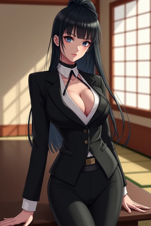 Anime Japanese woman with black hair, ponytail, blue-black eyes, butler outfit, black jacket with black slacks under a black skirt, Japanese-style room, large E-cup breasts 