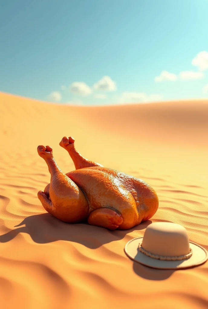 A Roast chicken, safari bucket hat, lying on a dune without water for sunbathe