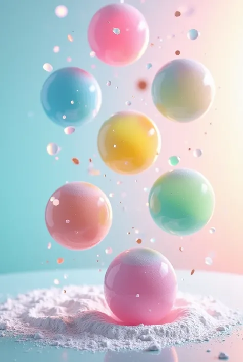 many milk balls with color blue, pink, green, yellow, HD, transparent background, with many white milk powder on the milk balls 