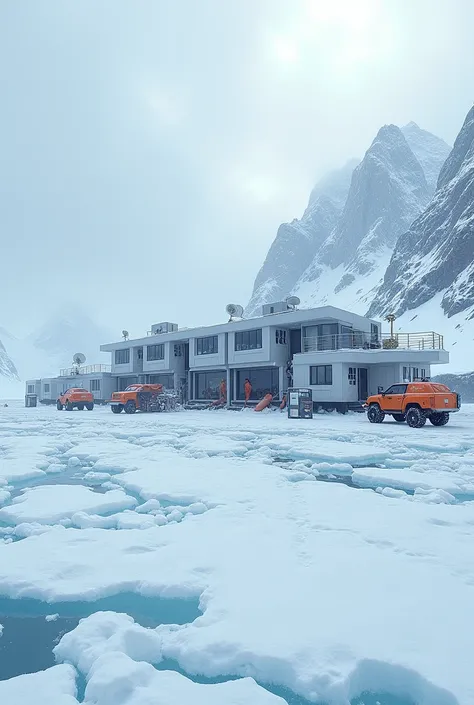 Antarctica resarch centre with snow fall realistic photo with ice sheet