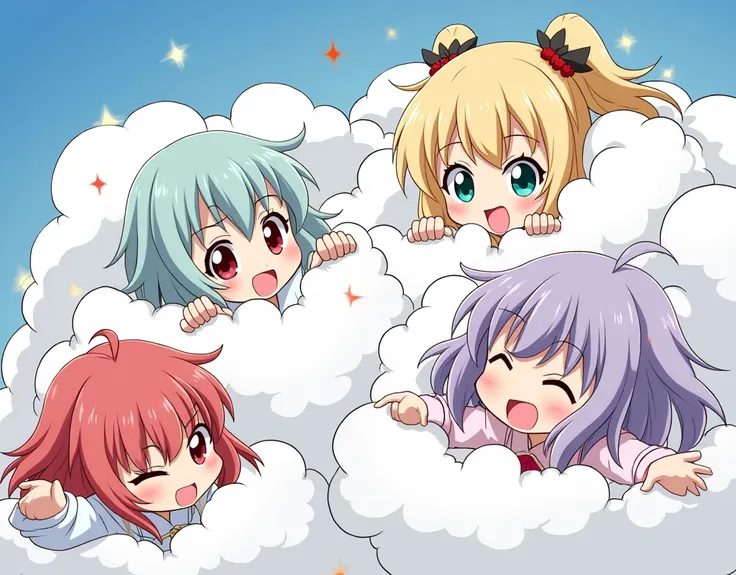 1 girl in comical battle cloud, multiple girls fighting playfully, anime style illustration, different hair colors, faces hands and feet visible out of cloud, humorous dynamic fighting, fluffy exaggerated battle cloud