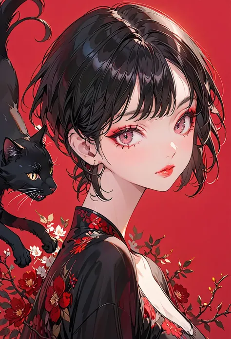 Crimson Background，(Highest quality,Very detailed,High resolution:1.2),1 beautiful girl，Giant black cat１Animals，Black very short hair,Black bangs，very_Long eyelashes, Detailed lips, Cool look, Soft Skin, Shiny Hair,Exquisite makeup,