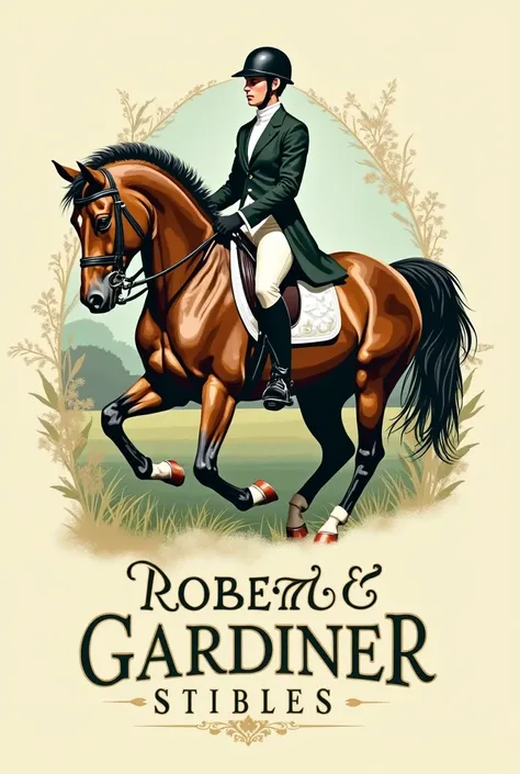 Create a sophisticated logo for "Robert Gardiner Stables" featuring a detailed illustration of a rider in elegant equestrian attire riding a horse. The rider should be depicted in a graceful pose, with the horse showing dynamic movement. Use a refined seri...