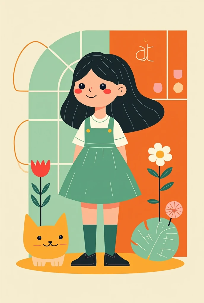 Victor Nai&#39;s style, beautiful details，simple，modern，advanced，cute，Color blocking，flowers，Orange，light green，grid，line，illustration，vigor，pixar