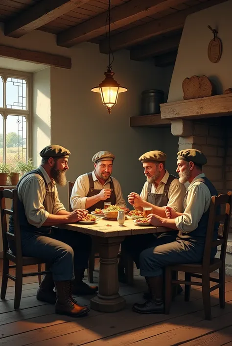 English farmer men eating food at farmhouse
