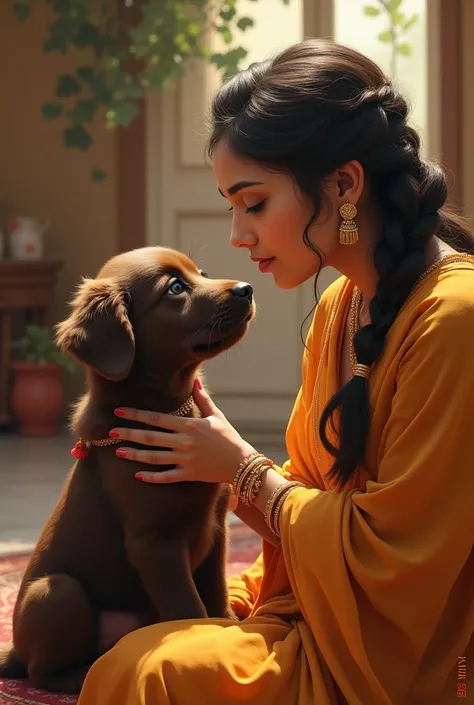 Devaki feeding Lord Krishna in his childhood. Here Krishna will be in the form of a dog, the dog will be little dark brown color golden retriever. Both dog and devaki face will be clearly visible 