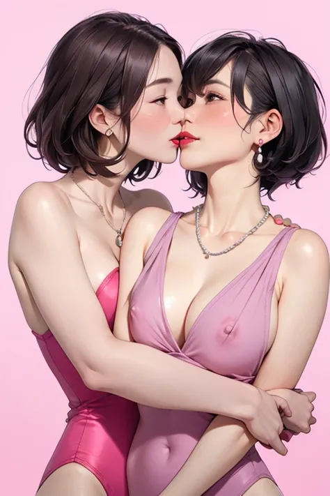 elegant japanese women in their 50s,2 married women,long eyelashes,bob haircut,red lipstick,blushed cheeks,pearl necklace,earrings,heavy eyeshadow,cleavage,pink leotard,nipples,passionate lesbian kiss,loving embrace,pink background,(full body focus)