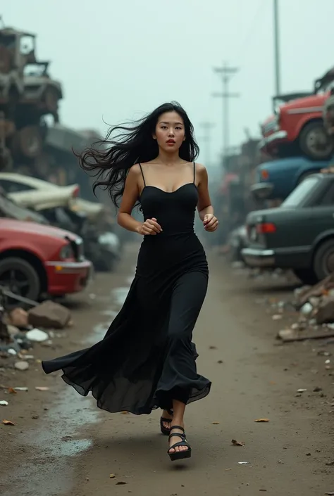 (photorealism:1.2), A curvy Asian woman, long wavy black hair, wearing a long black dress, black sandals, is running in a dumping ground for used cars, there are piles of damaged cars, scrap, cloudy sky