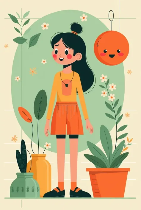 Victor Nai&#39;s style, beautiful details，simple，modern，advanced，cute，Color blocking，flowers，Orange，light green，grid，line，illustration，vigor，pixar