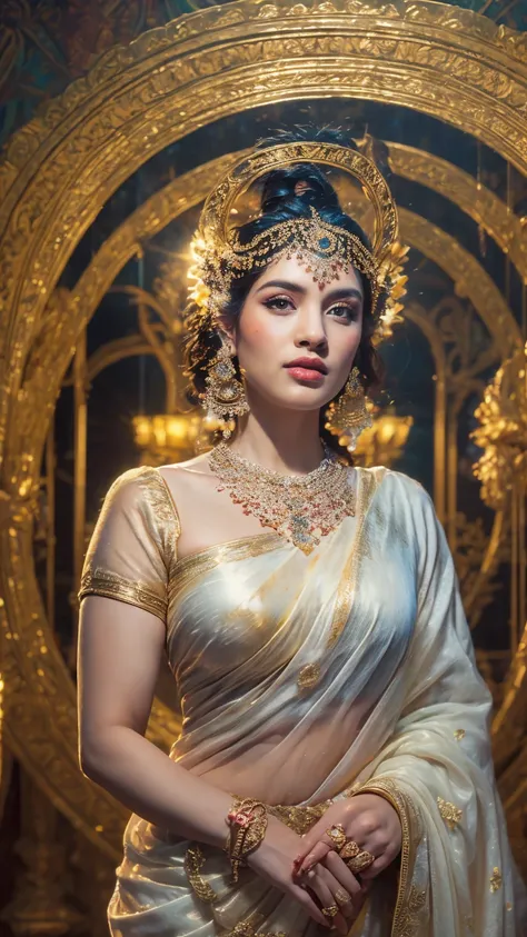 ((Best quality, 8k, Masterpiece :1.3)), Sharp focus :1.2, Generate a realistic image of a beautiful sexy Indian woman plus size body: 8.5 dressed in a white Kasava saree, adorned with traditional ornaments, standing in a well-lit room with cinematic lighti...