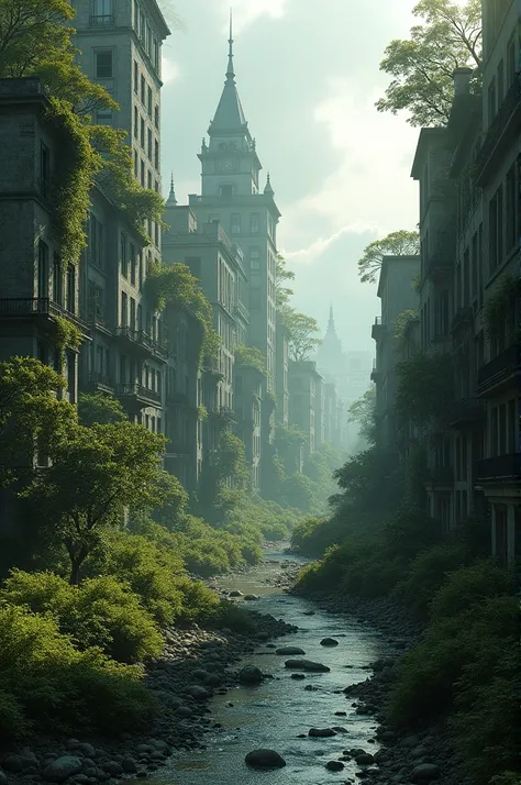 A dilapidated city overgrown by a forest. In the foreground there is a stream. The colors are black, grey, white, olive green. Realistic and dramatic