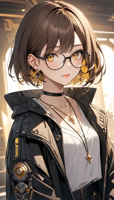 Highest quality, wonderful_beautifully, beautiful, 8k, Jacket, Earrings, necklace, concept,Brown Hair、Yellow Eyes、Black-rimmed glasses、Short Bob Hair