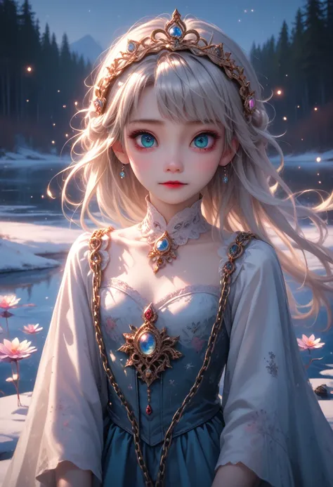 Young woman, anime, gorgeous, sparkles, Sexy on the Frozen Lake,HD wallpaper, luminous arcs and metal light chains on the frozen surface of the lake, cinematic poster style overhead photography and high definition, Game of Thrones style, unpleasant, Horror...