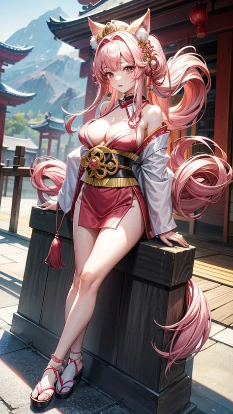 an oriental girl,Pink double ponytail long hair,Fox ears,bell headdress,Big breasts,Wearing Japanese Kimono,Chest bell jewelry,little foot bell jewelry,in front of buddhist temple,runner,4K