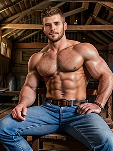 A handsome, muscular man wearing blue jeans, fratboy, 20 years old, twunk, hairy chest, hairy happy trail, serious demeanor, and a leather belt with a silver buckle, abs, fit, sitting in old wood chair, dark barn background, in a front view,