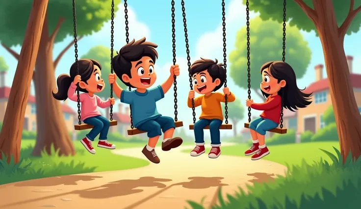 *Swinging on the Swings**: Illustrate the four friends taking turns on the swings, with Ahmed trying to swing higher and Marium looking excited and slightly concerned.