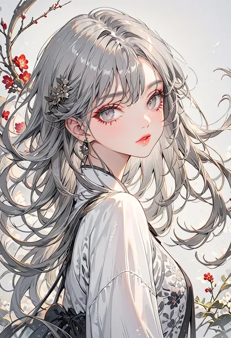 (Highest quality,Very detailed,High resolution:1.2),beautiful girl，Gray Hair,Gray Hairの前髪，Dilated grey eyes，very_Long eyelashes, Detailed lips, Cool look, Soft Skin, Shiny Hair,Exquisite makeup,