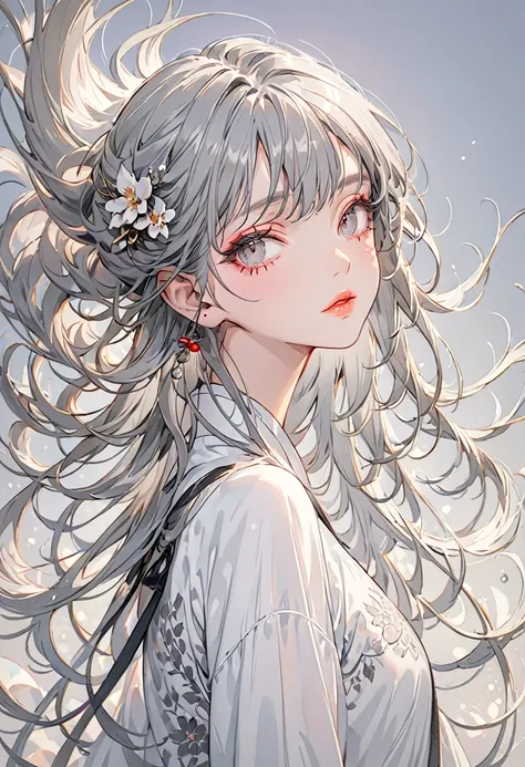 (Highest quality,Very detailed,High resolution:1.2),beautiful girl，Gray Hair,Gray Hairの前髪，Dilated grey eyes，very_Long eyelashes, Detailed lips, Cool look, Soft Skin, Shiny Hair,Exquisite makeup,