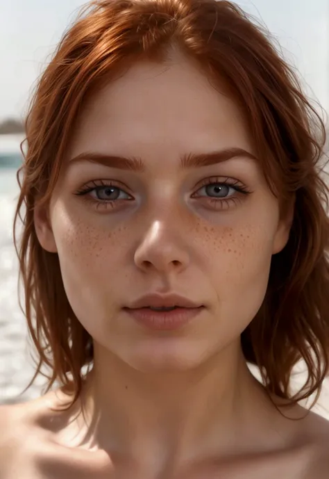 young redhead woman with faint freckles around her nose, very light and natural brown eyes, natural eyebrows with few marks, thi...