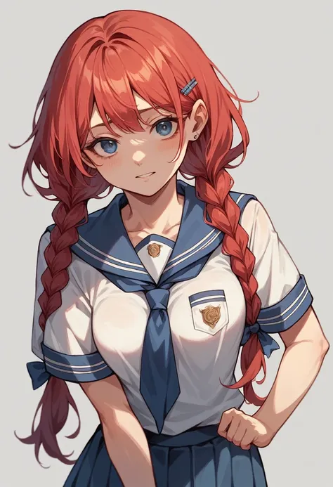 1 girl (detailed) medium breasts young vivacious 20 years old,standard high school uniform long red hair with blue braids,  very competitive athlete who wants to give you sex she loves you madly (but he doesn&#39;t dare to decide it) Yandere (dangerous in ...