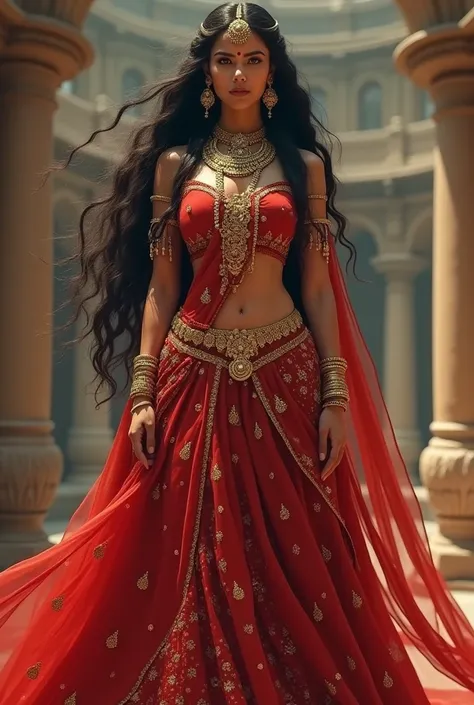  The most beautiful girl of the world Draupadi from Mahabharat with lots of ornaments full pic in red lehnga

