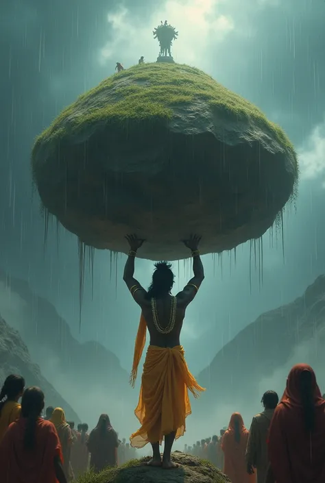 Shree krishna put a hill  on finger to give shelter         people under it to save them from         heavy rain    standing on ground, fantasyreal