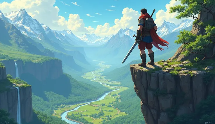 (anime, fantasy, adventurer), an adventurer arrived in the new land, standing on the edge of cliff