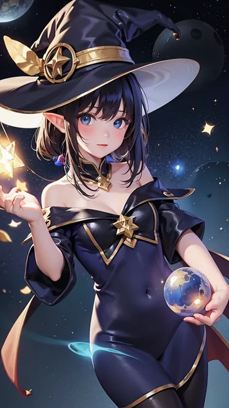 best quality, highres, 1girl, elf, witch hat, floating in space, energy sphere, light particles, shiny hair, shining stars, fantasy,