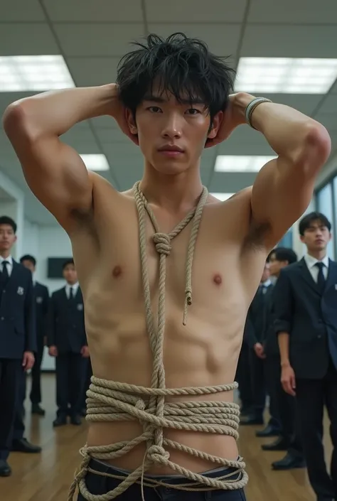 1boy、Handsome Men、Japanese male, 、Completely naked、Full nudity、erection、Huge penis、Highest quality、Realistic、beautiful、Sad look、 ((((Both arms were tied up with rope)))), ((((A very tight rope is crisscrossed over the chest)))),(((Body bound with tight rop...