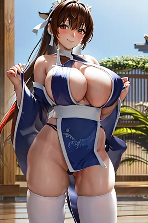 masterpiece, best quality, beautiful art, high resolution, well formed hands, body and fingers, 1 woman, solo, Kashino , adult, grown up, big breasted, cleavage,  full body, braided long hair, blue_japanese_clothes, wearing DOA Kasumis blue kunoichi dress,...