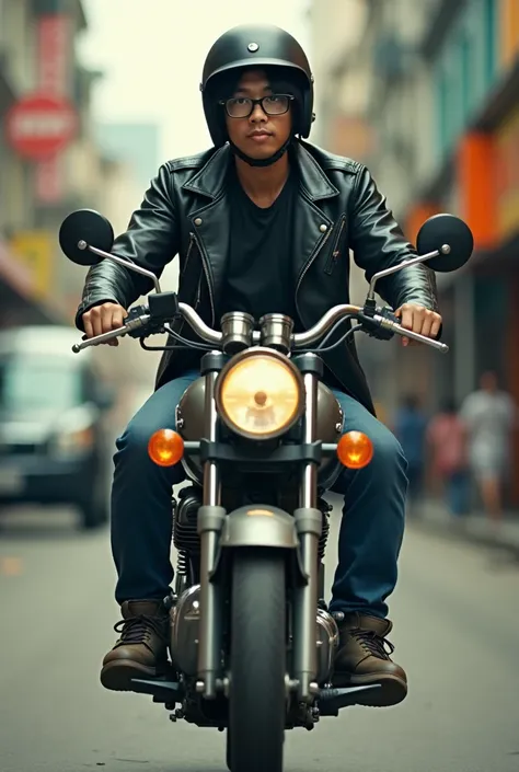 Full body, wide shot, street photography, retro portrait of an Malay man 29 year glasses with half-length hair riding an old motorbike, they are wearing black leather jackets and helmets, wearing shoes, Ade Santora style, riding a motorbike, 