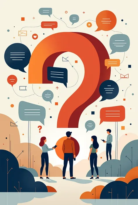 Design an image that shows a large question mark surrounded by speech bubbles and conversation icons. The composition should convey a sense of interaction and learning, with a modern and attractive style.