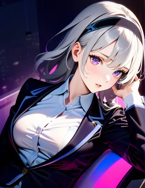 masterpiece, top quality, Super details, 8K, Detail lights, Detailed shadows, (real: 1.2),, 1 girl, silver hair, wearing white shirts and black blazer, headbands, sitting on office chair,purple eyes, moderate breast, half body portrait 